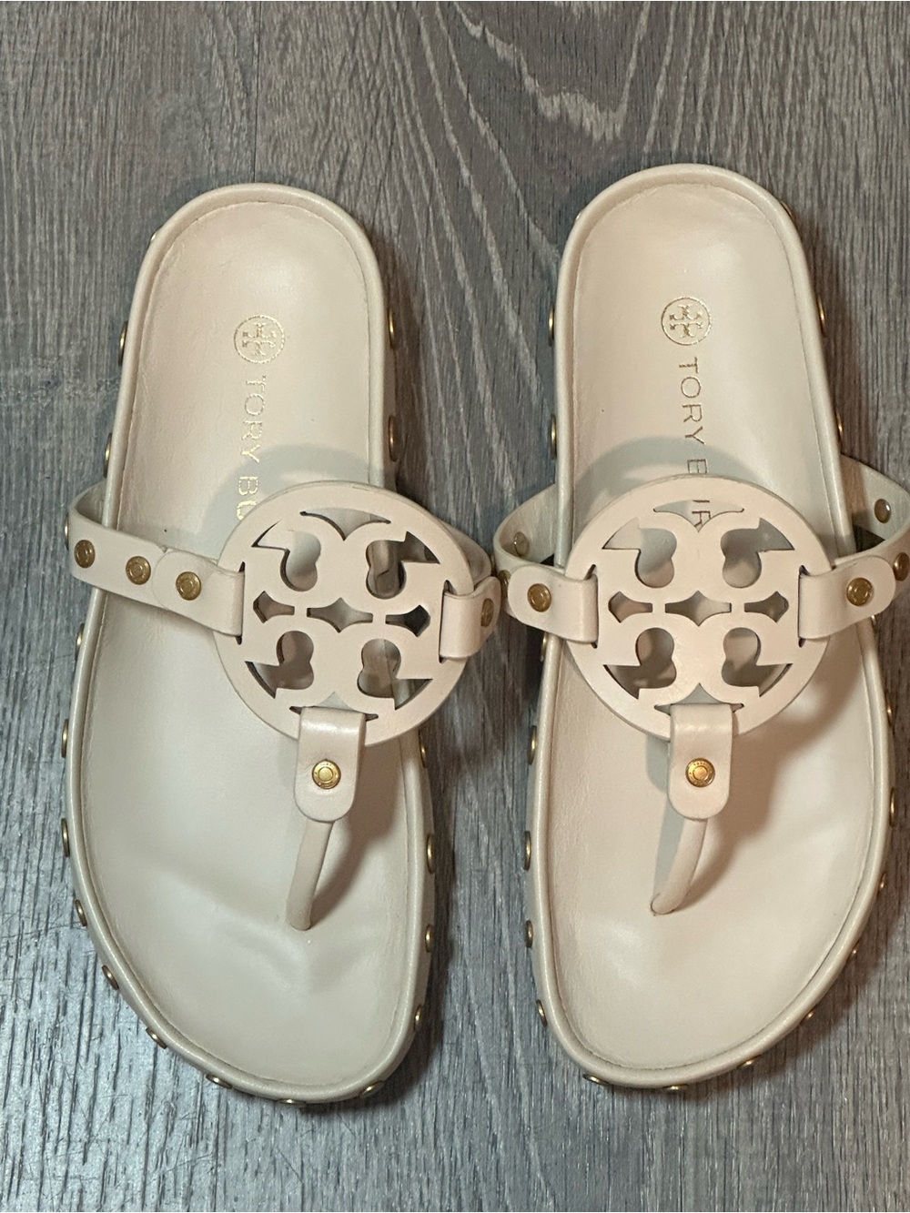 Tory Burch Cream Logo Toe-Thong Sandals with Gold Studs